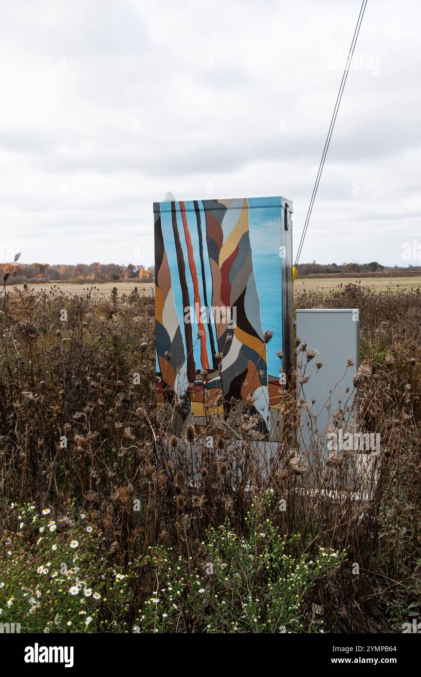 Abstraktes Wandbild auf einem elektrischen Verkehrskontrollkasten am Hamilton International Airport an der Airport Road in Mount Hope, Hamilton, Ontario, Kanada Stockfoto