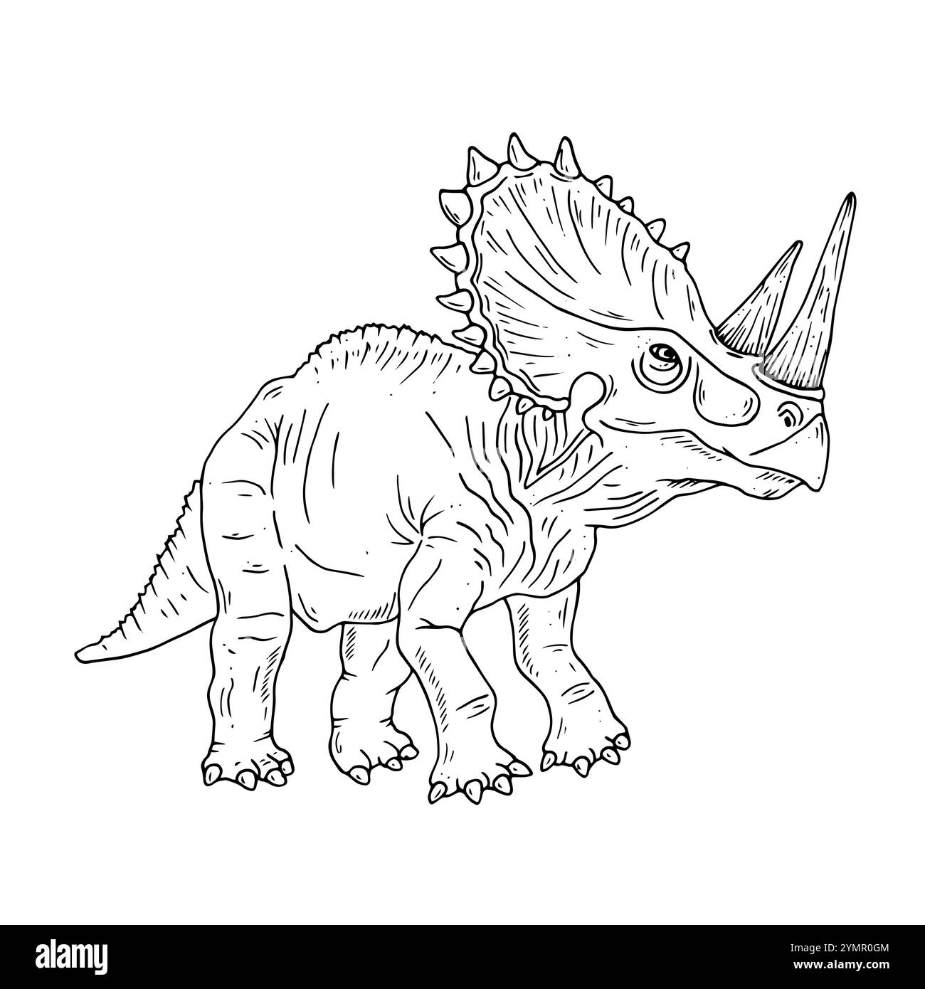 Grafikvektor Schwarzweiß-Dinosaurier. Abbildung mit schwarzer Linie und triceratops im Tintenstil. Zwei Ausführungen - mit und ohne Füllung Stock Vektor