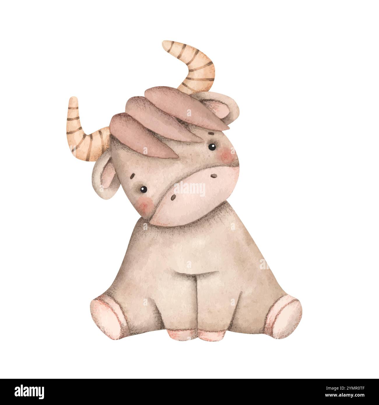 Zodiac Aquarell handgezeichnete Illustration mit Baby-Taurus. Niedlicher Cartoon-Stier für Kinder. Stock Vektor