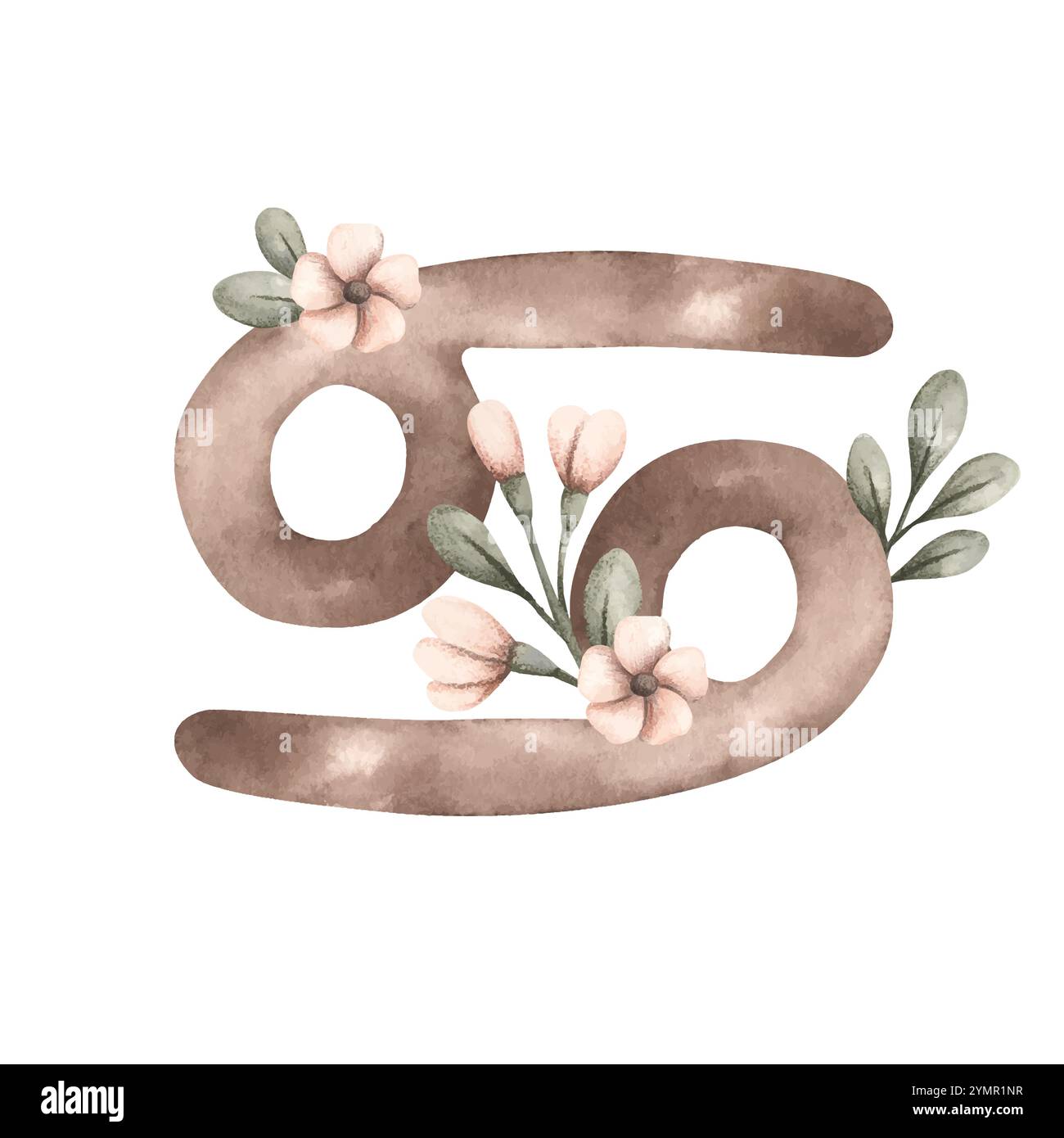 Zodiac Aquarell handgezeichnete Illustration mit Symbolen Krebs und Blättern und Blumen. Horoskop-Symbol, die Bezeichnung der Tierkreiszeichen Stock Vektor
