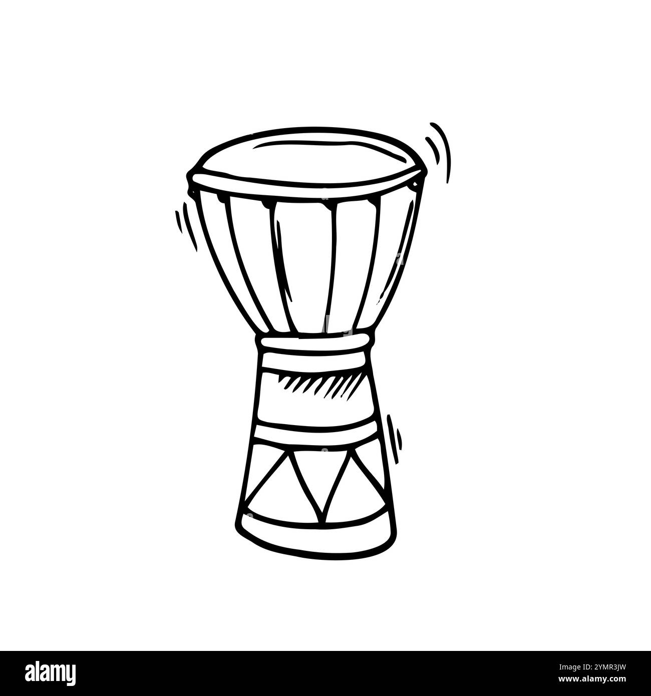 Doodle African Djembe Illustration in Vektor. Handgezeichnetes afrikanisches Djembe-Symbol in Vektor isoliert auf Weiß Stock Vektor