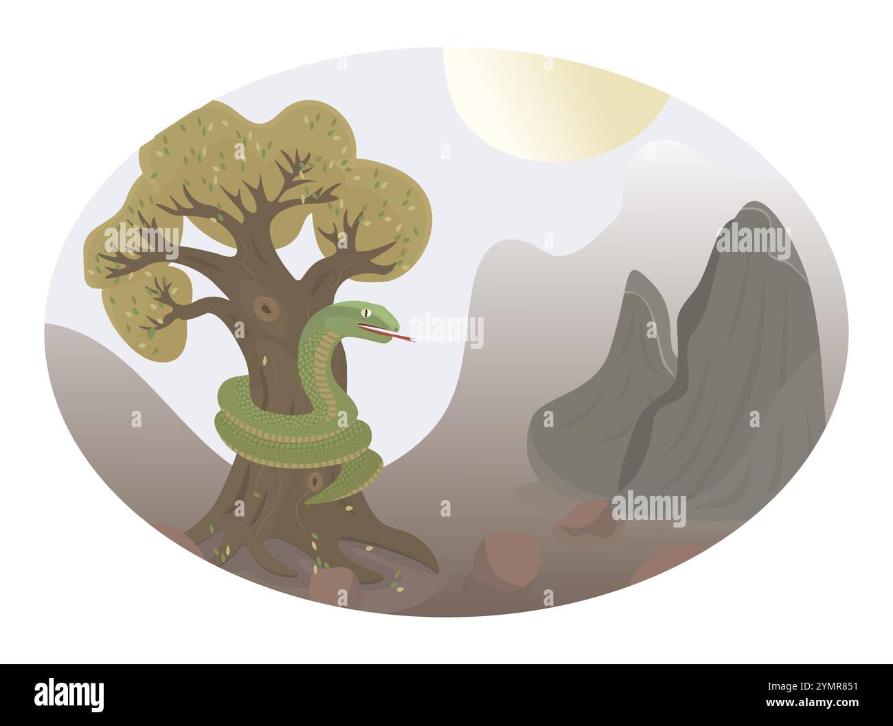 Grüne Schlange auf dem Baum, ein großes Reptil wickelt sich um eine Eiche, Vektorfarbe Illustration Stock Vektor