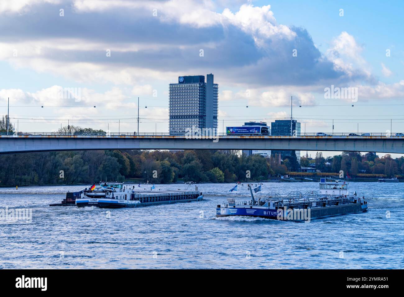 Konrad-Adenauer-Brücke, Südbrücke, A562 Autobahnbrücke und 2 Stadtbahnlinien, Straßenbahn, UN-Campus Bonn, NRW, Deutschland Stockfoto
