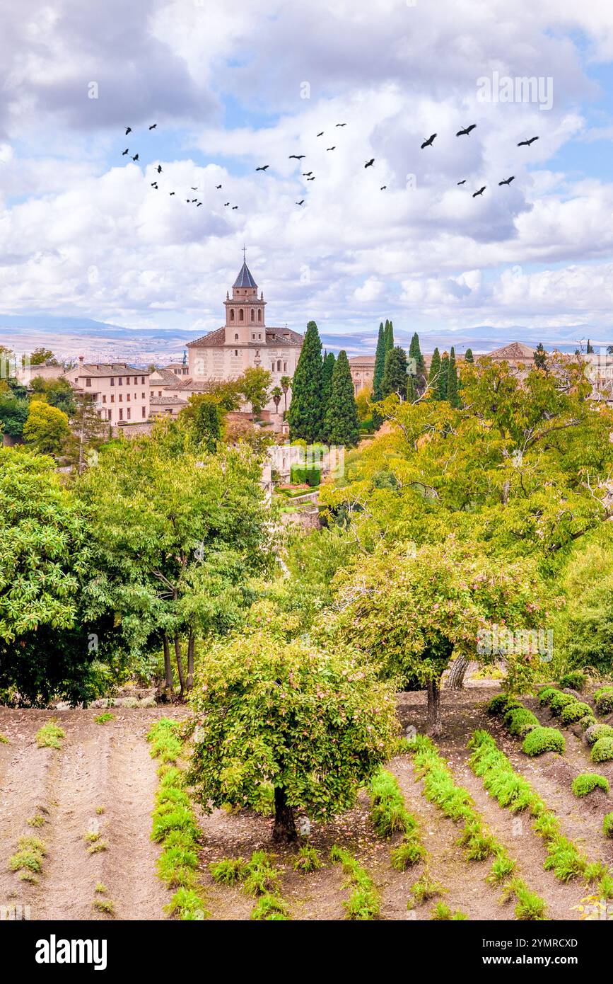 Vertikaler Blick auf den Alhambra-Palast und den Festungskomplex in Granada, Andalusien, Spanien Stockfoto