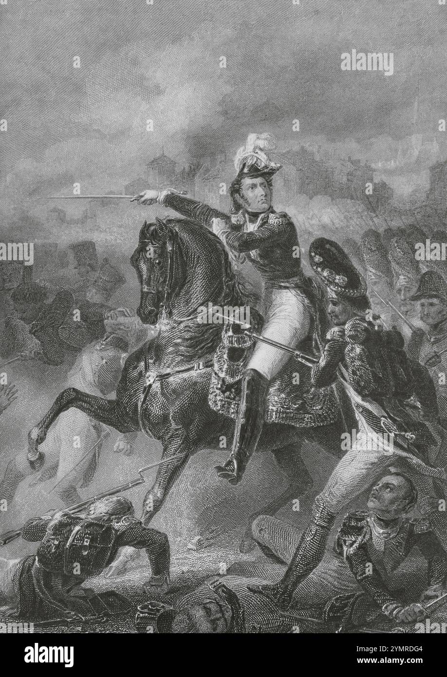 Jean Lannes (1769-1809). Französischer Marschall. Marschall Lannes bei der Schlacht bei Aspern-Essling (21-22. Mai 1809). Zeichnung von Auguste Sandoz. Gravur von Outhwaite. "Histoire du Consulat et de l'Empire" (Geschichte des Konsulats und des französischen Reiches unter Napoleon), von A. Thiers. Band X. veröffentlicht in Paris, 1851. Autor: Aktiv in Paris zwischen Ende des 18. Und Jean Outhwaite (1810-1878). Französischer Graveur. Auguste Sandoz. Französischer Künstler. Stockfoto