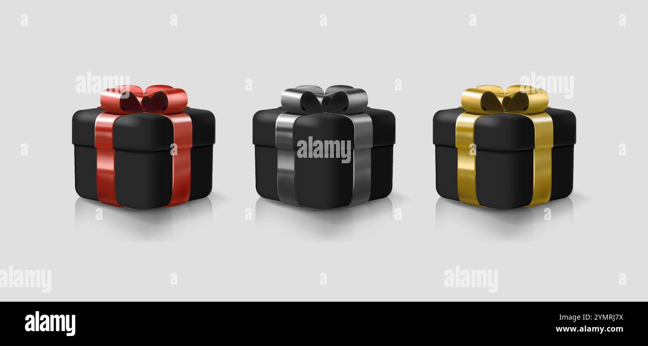 Set aus schwarzer Geschenkbox oder Geschenk mit Geschenkpapier und Schleife für den Urlaub, Stock Vektor