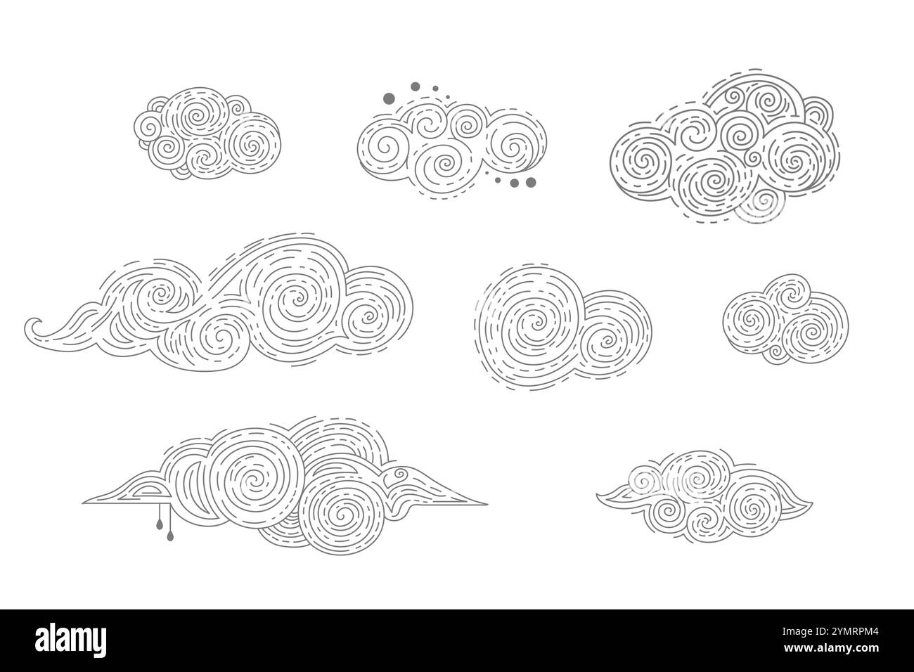 Abstrakte dekorative Linie Art Wolken setzen Vektor-Illustration. Mystisches magisches und himmlisches, esoterisches Boho-Design für Stoffdesign, Tarot, Astrologie, Stock Vektor