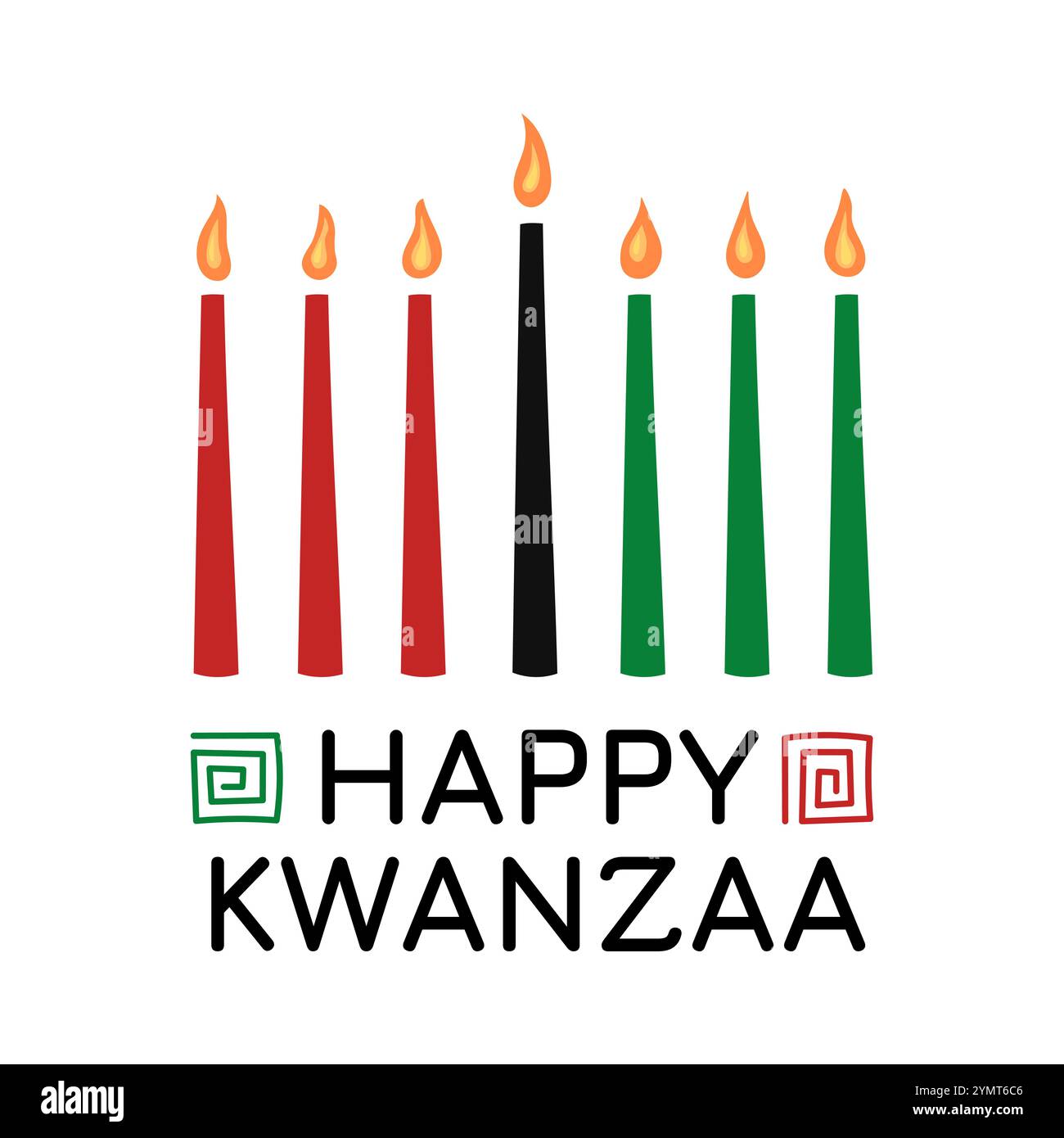 Glücklicher Urlaub in Kwanzaa. Vektor-quadratische Poster-Illustration des afrikanischen Kinara Kwanzaa-Symbols und -Textes. Sieben Kerzen im Kerzenhalter mit traditionellem OP Stock Vektor