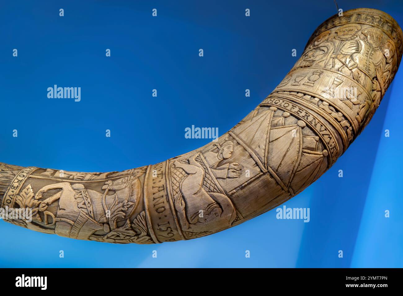 Trinkhorn (16. Jahrhundert). Gesehen im Isländischen Nationalmuseum (Þjóðminjasafnið), Reykjavík, Island. Stockfoto