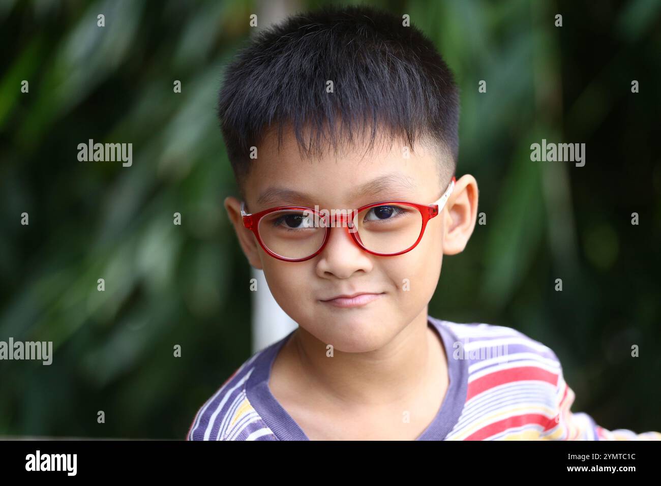 Dieses bezaubernde Porträt zeigt einen glücklichen Jungen, der eine Brille trägt und seine verspielte Persönlichkeit in einem natürlichen grünen Hintergrund zeigt, perfekt für Familie oder Familie Stockfoto