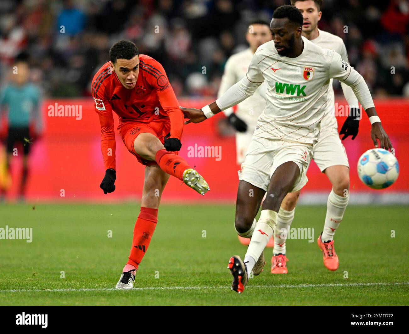 München, Deutschland. November 2024. Torschuss Aktion Torchance Jamal Musiala FC Bayern München FCB (42) Chrislain Matsima FC Augsburg FCA (05) FC Bayern München FCB vs. FC Augsburg FCA 22.11.2024 DFL VORSCHRIFTEN VERBIETEN JEDE VERWENDUNG VON FOTOGRAFIEN ALS BILDSEQUENZEN UND/ODER QUASI-VIDEO/dpa/Alamy Live News Stockfoto