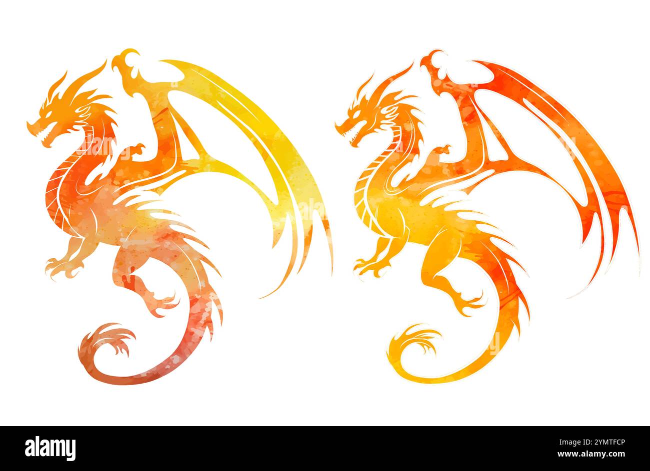 Vektorsatz von Gelbgold Drachen Silhouette Clip Arts. Sammlung von orangen Silhouettendrachen mit Flügeln, die vom Hintergrund isoliert sind. Mythologisch Stock Vektor