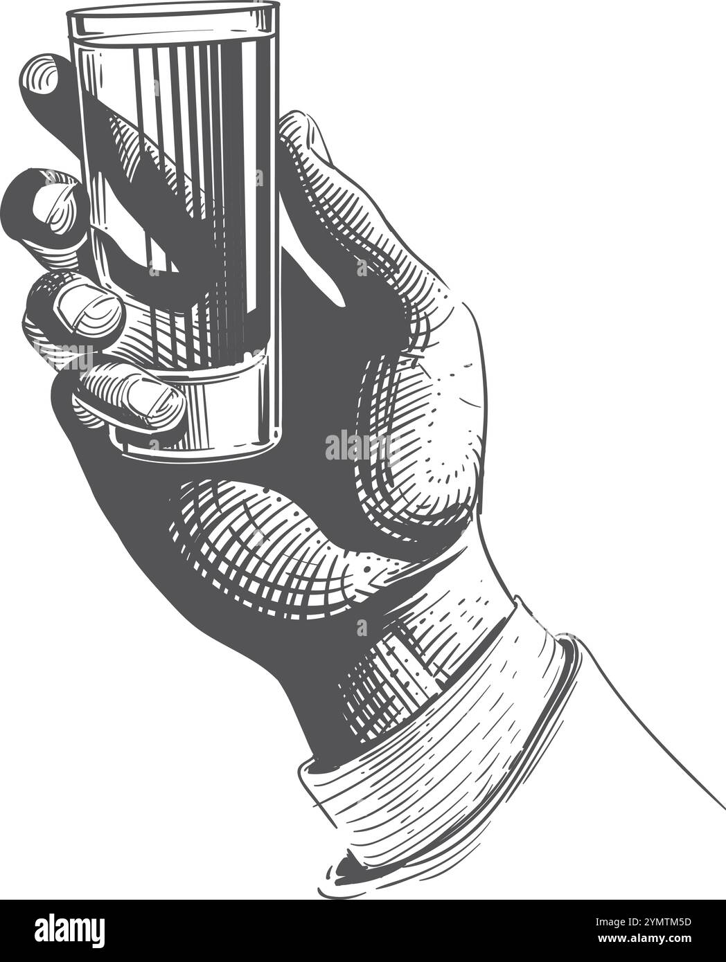 Wodka-Shot-Glas in menschlicher Hand-schwarzer Gravur Stock Vektor