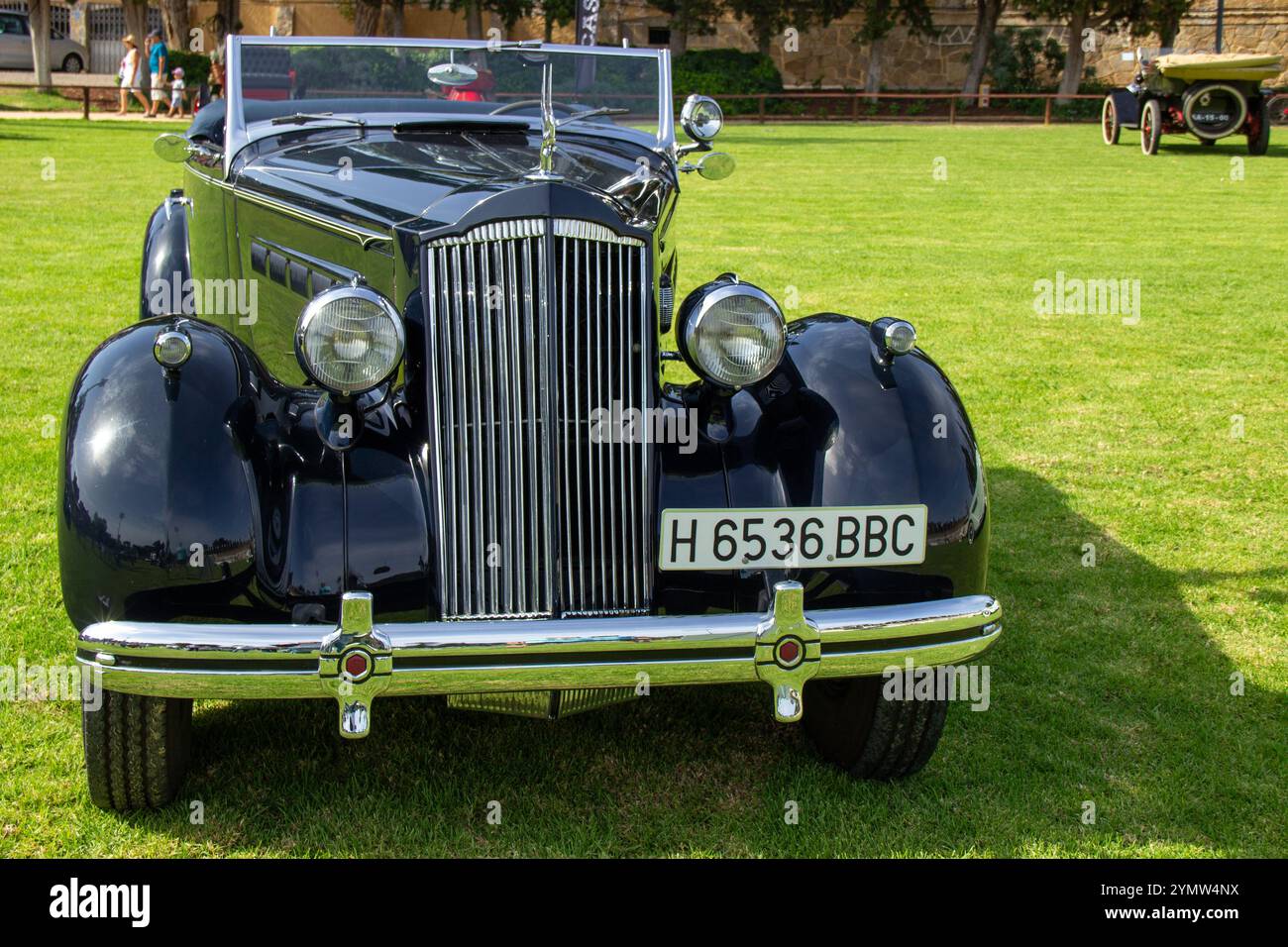 Klassisches packard zwölf Cabriolet Coupé, das auf einem grünen Rasen geparkt ist und seine zeitlose Eleganz und sein raffiniertes Design zeigt Stockfoto