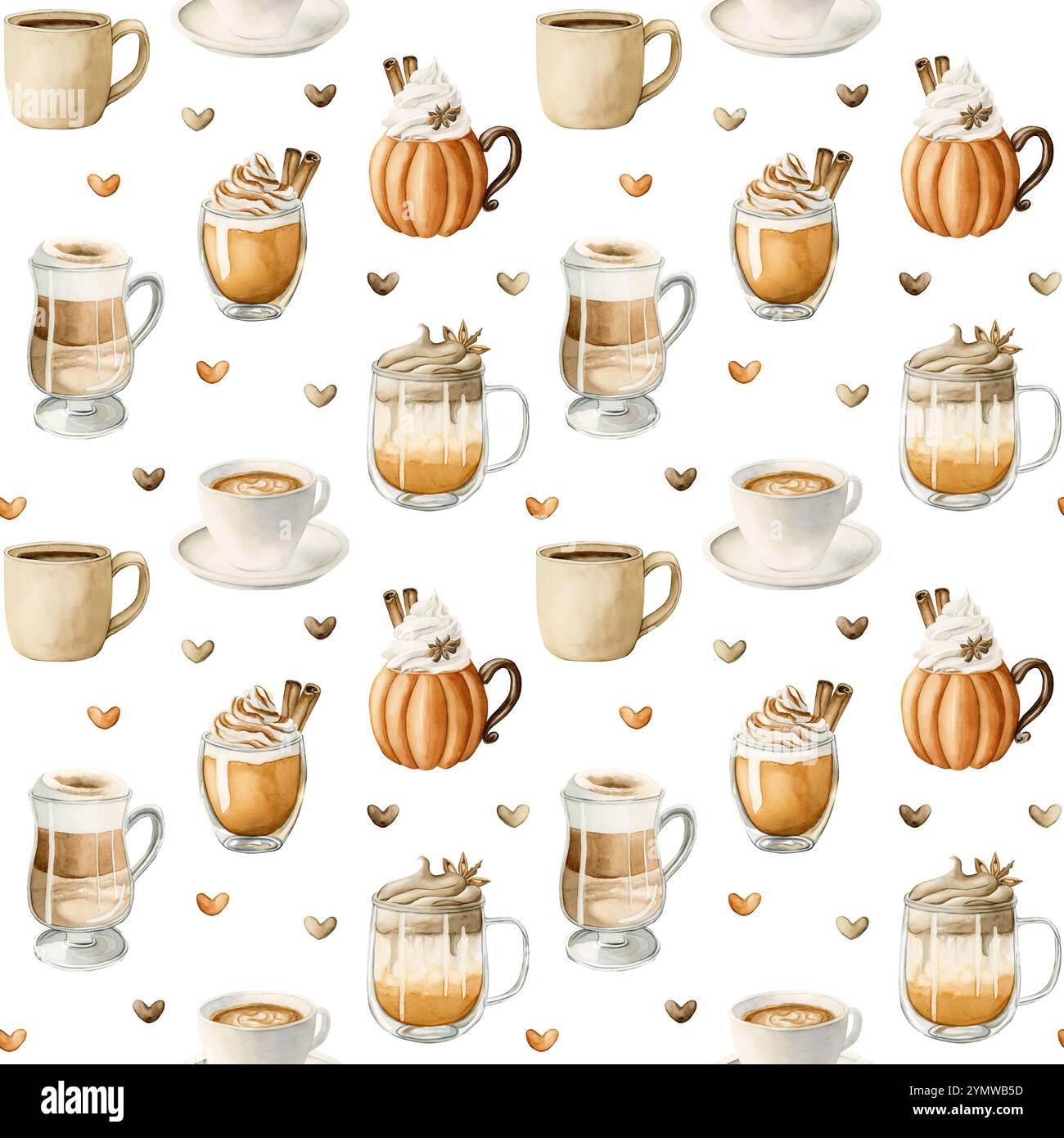 Kaffee Latte Macchiato, Kürbis-Gewürz-Dalgona-Kaffee und anderes heißes Herbstgetränk. Nahtloses Lebensmittelmuster in Wasserfarben auf weißem Hintergrund für gemütliches Kitc Stockfoto