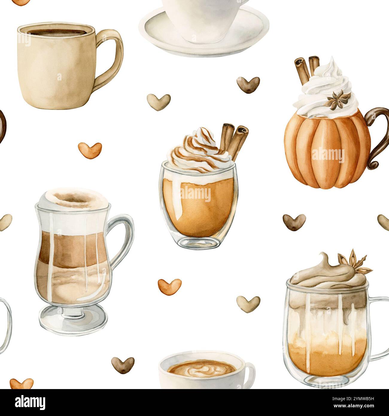 Kaffee Latte Macchiato, Kürbis-Gewürz-Dalgona-Kaffee und anderes heißes Herbstgetränk. Nahtloses Lebensmittelmuster in Wasserfarben auf weißem Hintergrund für gemütliches Kitc Stockfoto