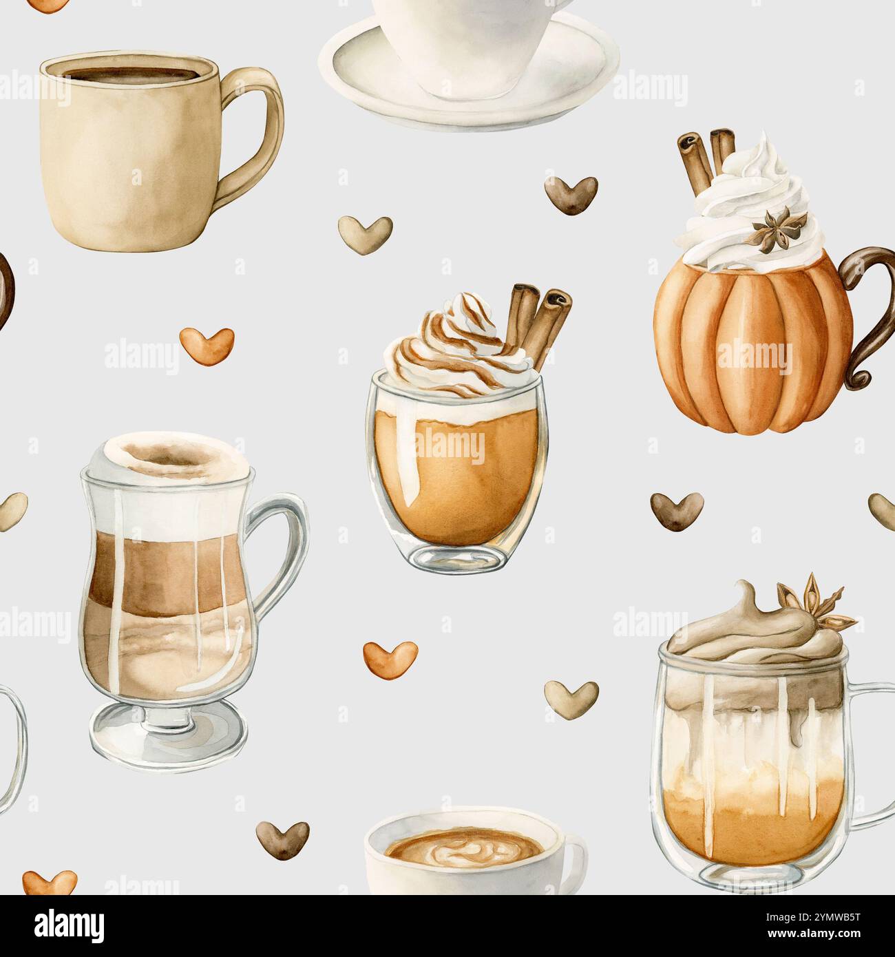 Kaffee Latte Macchiato, Kürbis-Gewürz-Dalgona-Kaffee und anderes heißes Herbstgetränk. Nahtloses Muster für Lebensmittel in Wasserfarben auf hellblauem Hintergrund für gemütliches Stockfoto