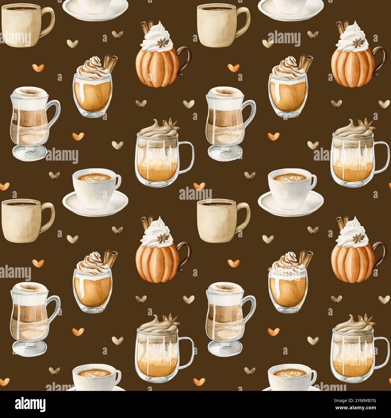 Kaffee Latte Macchiato, Kürbis-Gewürz-Dalgona-Kaffee und anderes heißes Herbstgetränk. Wasserfarben-Lebensmittel nahtloses Muster auf dunkelbraunem Hintergrund für gemütlich Stockfoto