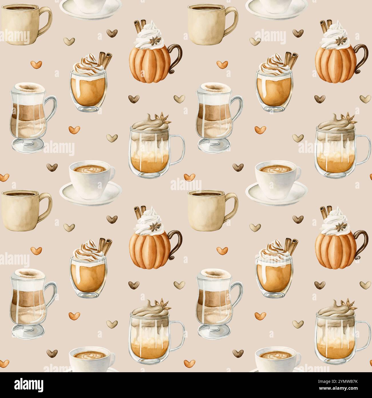 Kaffee Latte Macchiato, Kürbis-Gewürz-Dalgona-Kaffee und anderes heißes Herbstgetränk. Nahtloses Lebensmittelmuster in Wasserfarben auf beigem Hintergrund für gemütliche Kitc Stockfoto