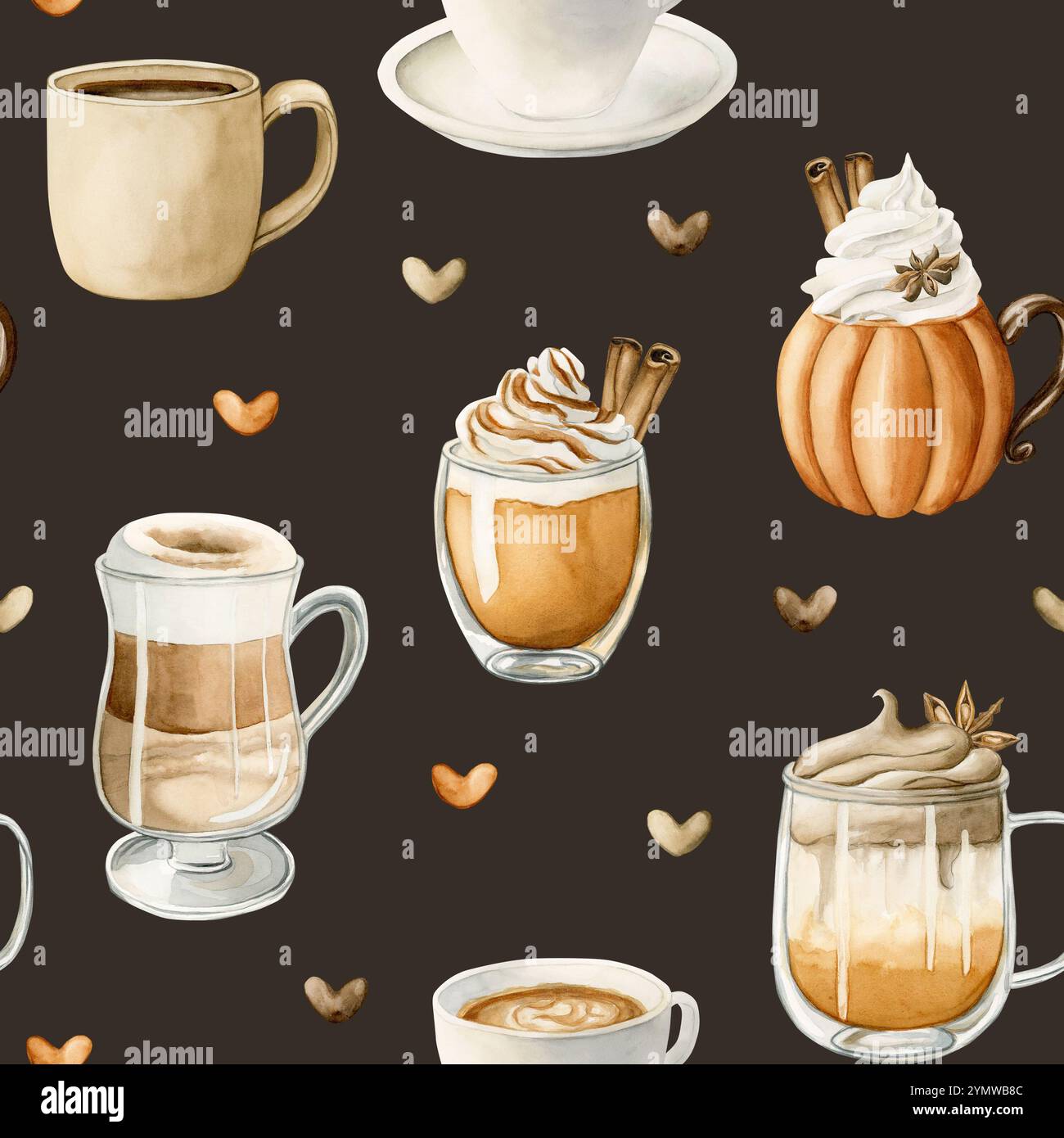 Kaffee Latte Macchiato, Kürbis-Gewürz-Dalgona-Kaffee und anderes heißes Herbstgetränk. Nahtloses Muster für Lebensmittel in Wasserfarben auf dunklem Hintergrund für gemütliche Küche Stockfoto