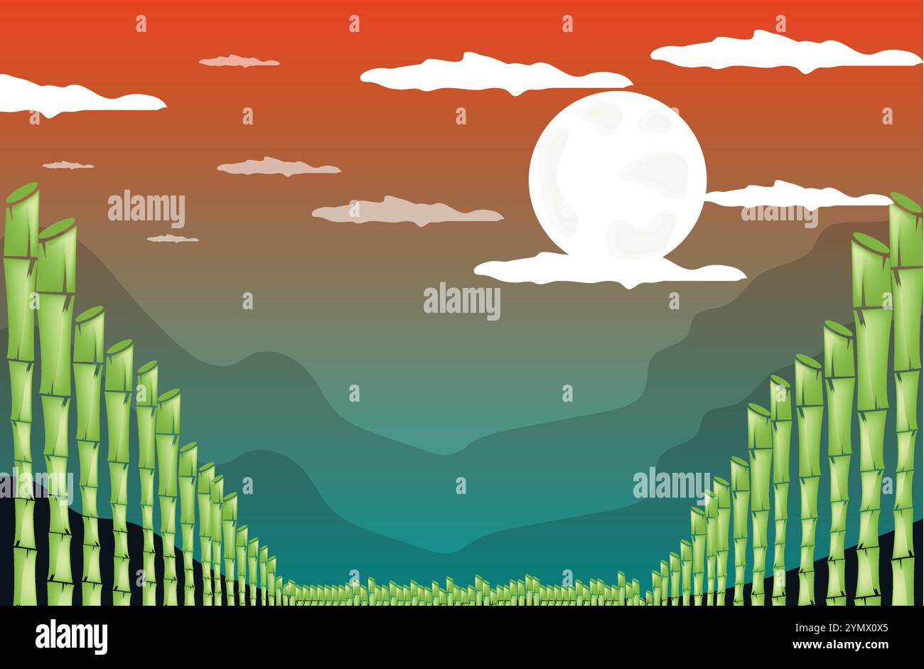 Reihen von Bambussprossen wachsen bei Vollmond und schaffen eine ruhige und ruhige Atmosphäre Stock Vektor