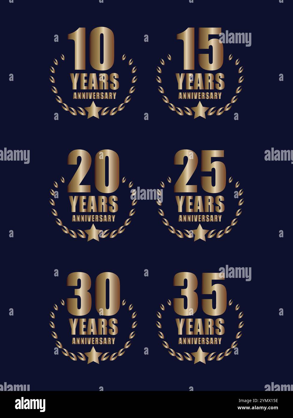 Goldene Jubiläumslogos mit Lorbeerkränzen und Sternen, zum Gedenken an 10, 15, 20, 25, 30 und 35 Jahre Erfolg Stock Vektor