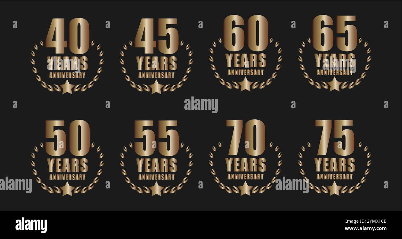 Goldene Jubiläumslogos mit Lorbeerkränzen und Sternen, zum Gedenken an 10, 15, 20, 25, 30 und 35 Jahre Erfolg Stock Vektor