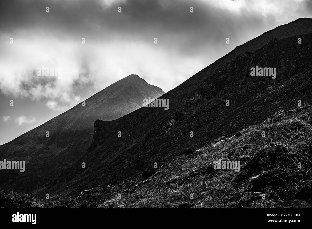 Dramatische schwarz-weiße Berglandschaft mit schroffen Gipfeln und bewölktem Himmel bei Tageslicht in stimmungsvoller Atmosphäre. Stockfoto