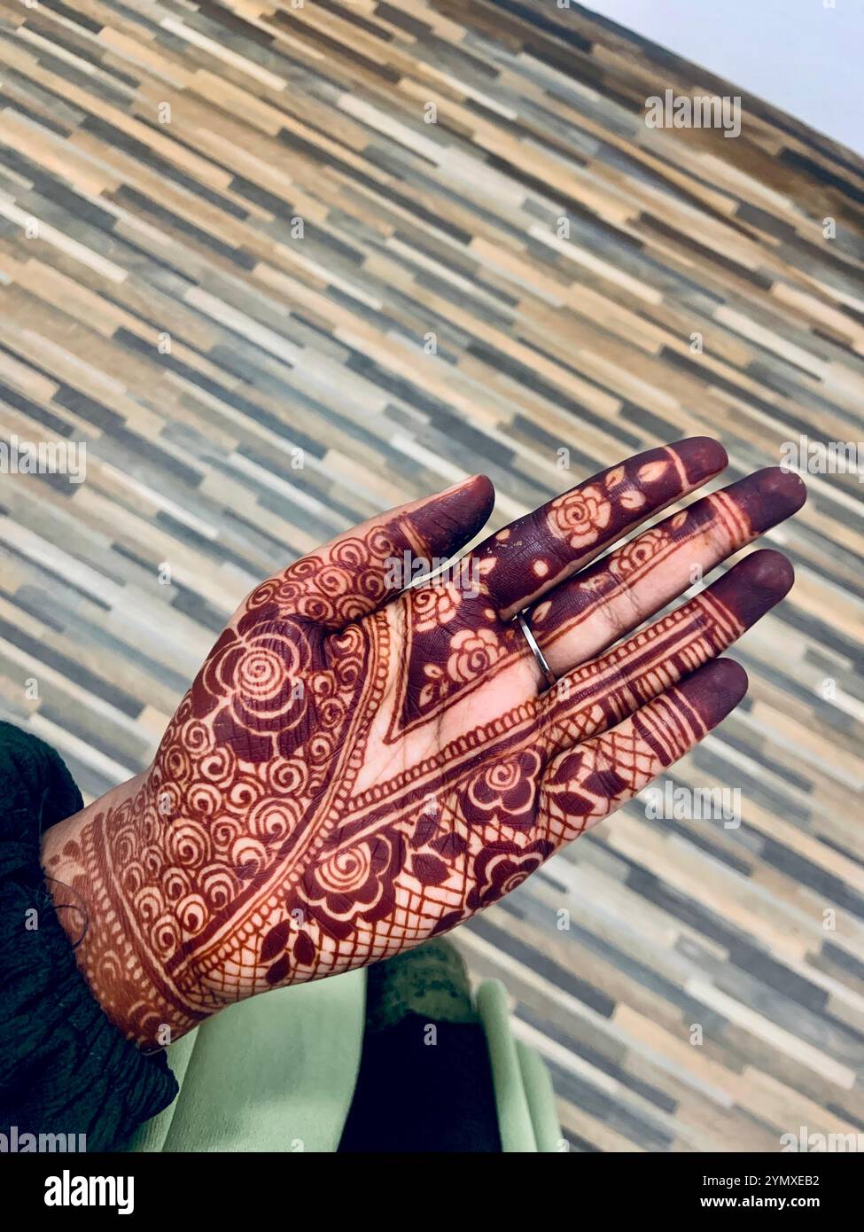 Eleganz in Tradition. Dieses komplizierte Mehndi-Design ist eine zeitlose Kunst, die Schönheit und Kultur zelebriert Stockfoto