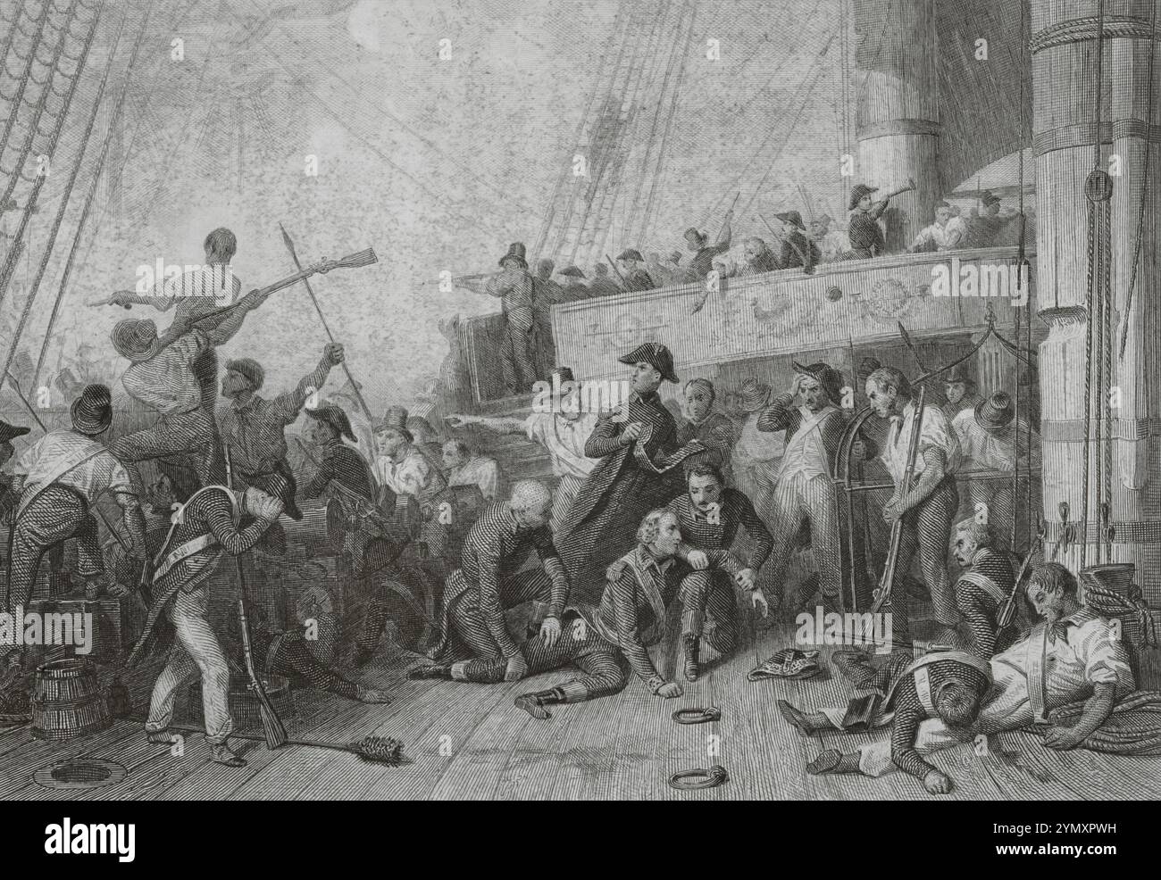 Tod des Gegenadmiral Magon (1763–1805) in der Schlacht von Trafalgar am 21. Oktober 1805 als Kommandant des französischen Schiffs der Linie Algésiras. Zeichnung von Karl Girardet. Stich von Paul Girardet. "Histoire du Consulat et de l'Empire" (Geschichte des Konsulats und des französischen Reiches unter Napoleon), von A. Thiers. Band VI. Veröffentlicht in Paris, 1847. Autor: Karl Girardet (1813-1871). Schweizer Künstler. Paul Girardet (1821-1893). Französischer Kupferstecher in der Schweiz. Stockfoto