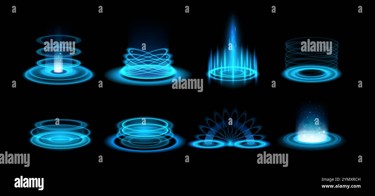 Blaulichtportal. Futuristischer Neonglühen-Hologramm-Spieleffekt mit Funkeln und hellen Aura-Strahlen. Teleporte und Portale Energiepodium mit blauen Strahlen. 3D-Produktstufen für technische Vektoren festgelegt. Stock Vektor