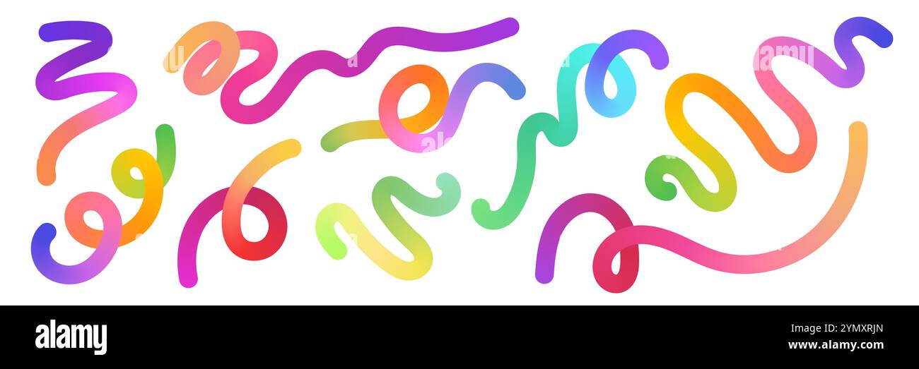 Farbverlaufskurve. Wellige Striche mit Regenbogenverlauf. Bunte lockige Pinselstriche, abstrakte Wirbelformen, fließende Retro-Linienelemente. Vektorsatz isoliert. Stock Vektor