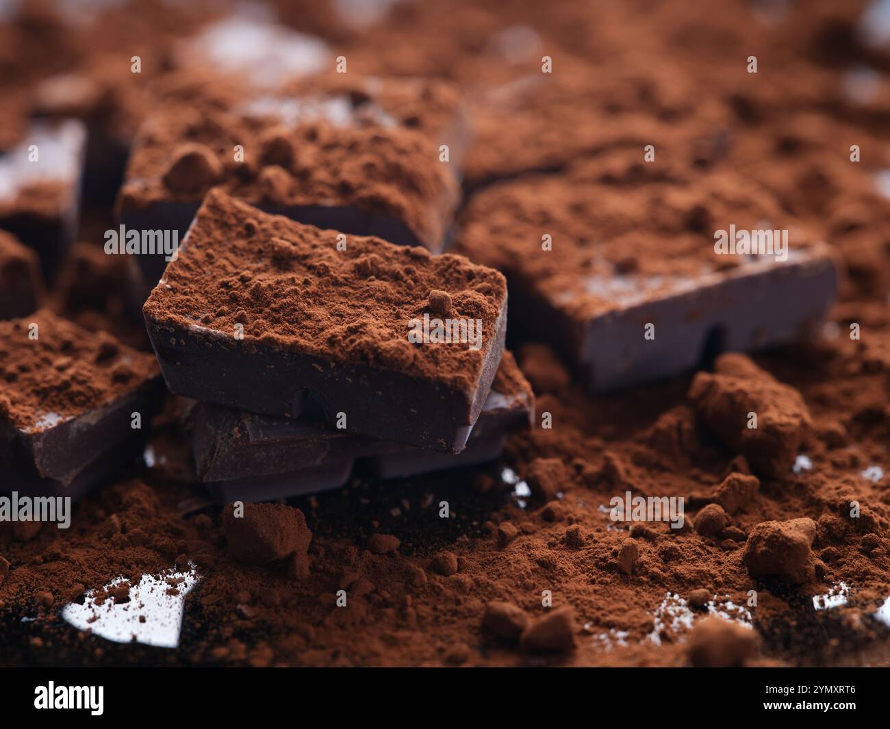 Zerbrochene hausgemachte dunkle Schokolade mit Kakaopulver drauf. Low-Taste. Nahaufnahme. Stockfoto