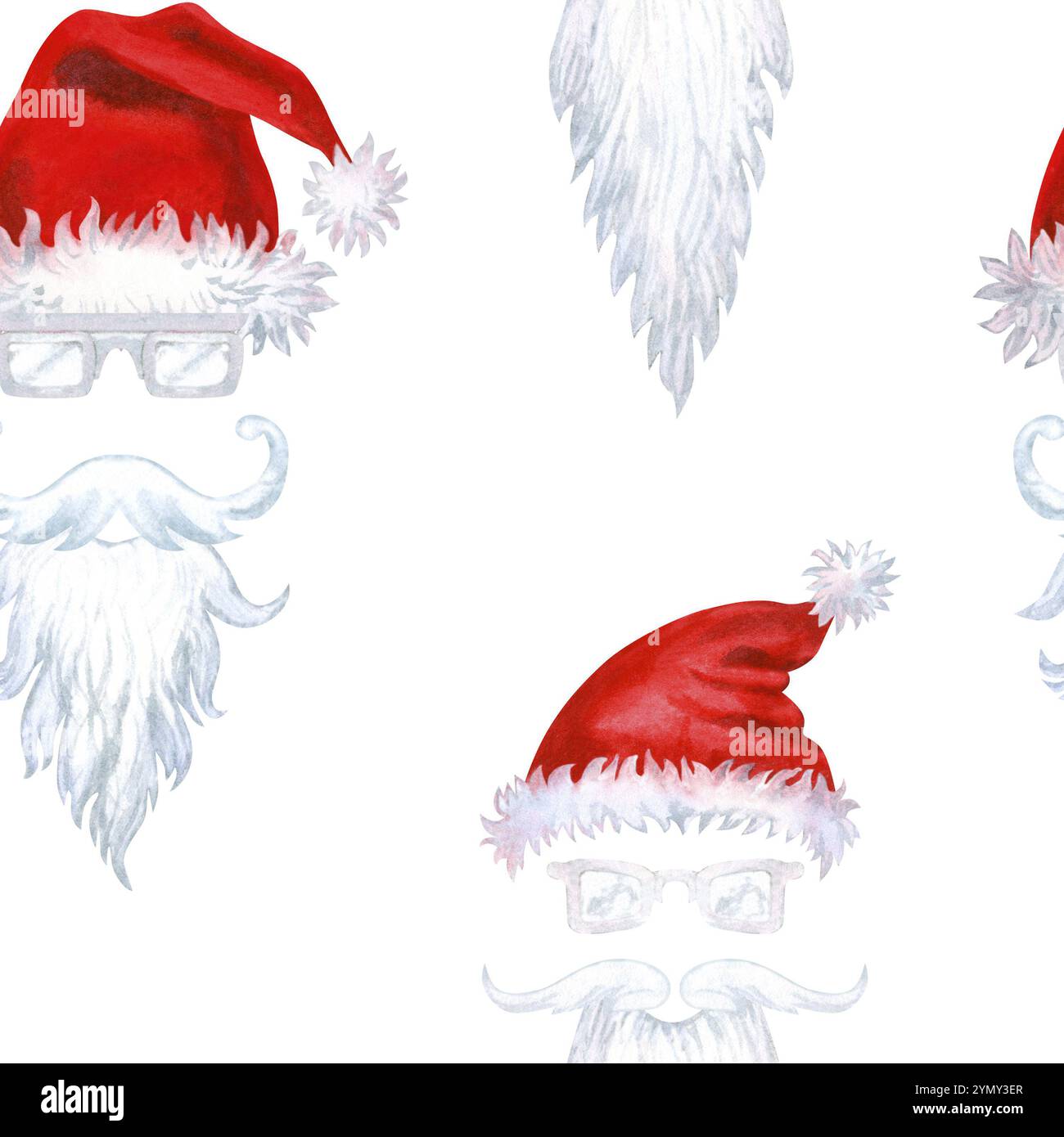 Nahtloses Muster mit einem Porträt eines modernen Weihnachtsmanns in Rot und weiß. Illustration von Santa Claus Hut, Brille, Schnurrbart und Bart. Aquarell Stockfoto