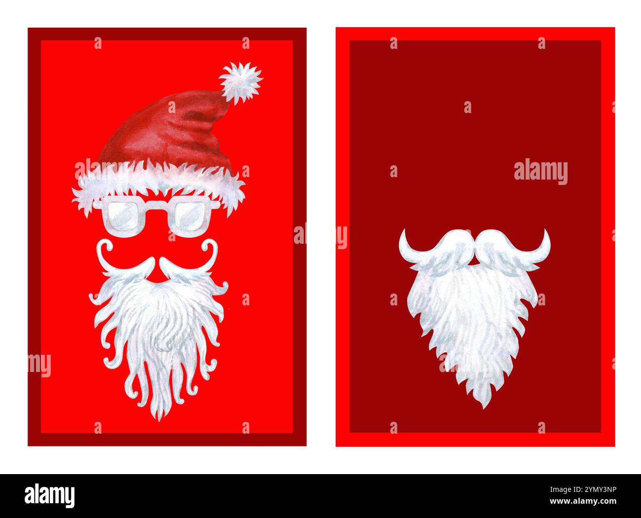 Frohe Weihnachten Moderne Komposition in Rot und weiß. Illustration von Weihnachtsmann Weihnachtsmütze, Brille, Schnurrbart und Bart. Aquarell auf hell gesetzt Stockfoto