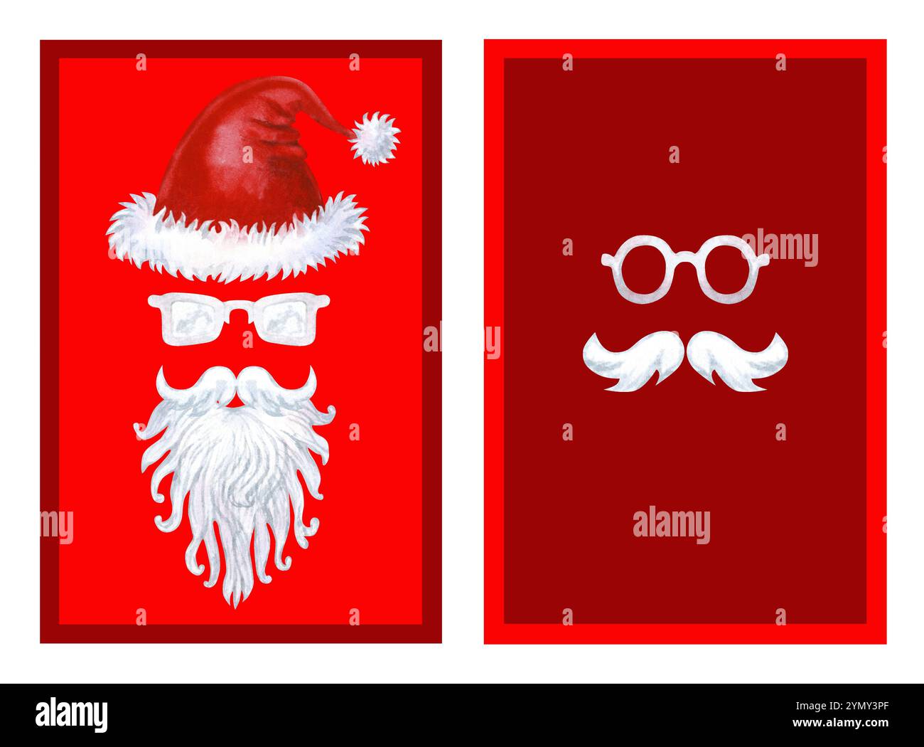 Frohe Weihnachten Moderne Komposition in Rot und weiß. Illustration von Weihnachtsmann Weihnachtsmütze, Brille, Schnurrbart und Bart. Aquarell auf hell gesetzt Stockfoto