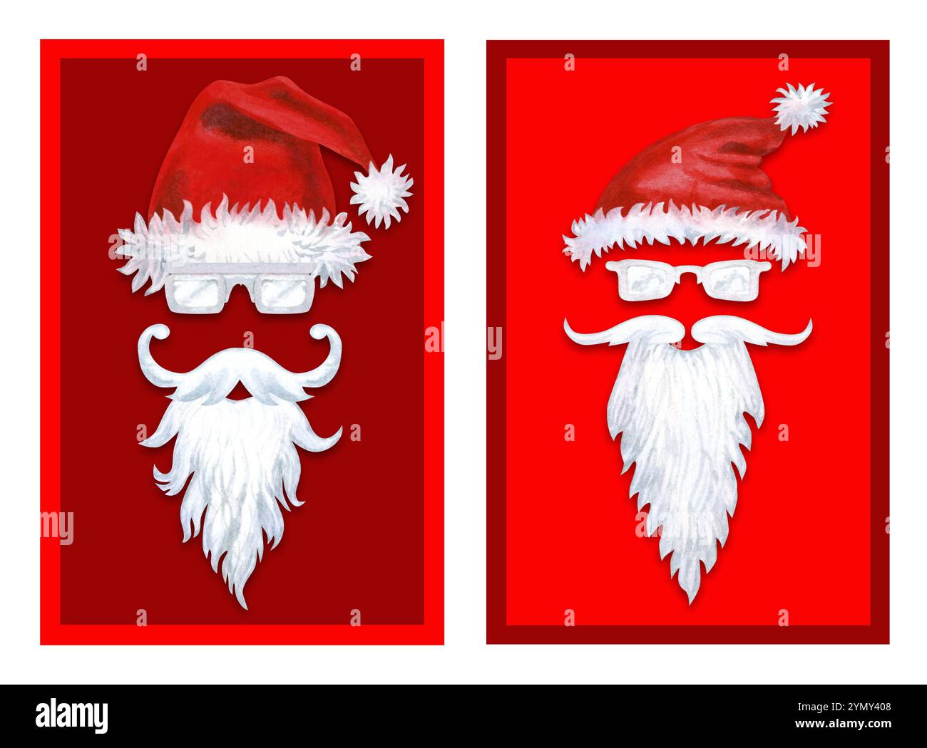 Frohe Weihnachten Moderne Komposition in Rot und weiß. Illustration von Weihnachtsmann Weihnachtsmütze, Brille, Schnurrbart und Bart. Aquarell auf hell gesetzt Stockfoto