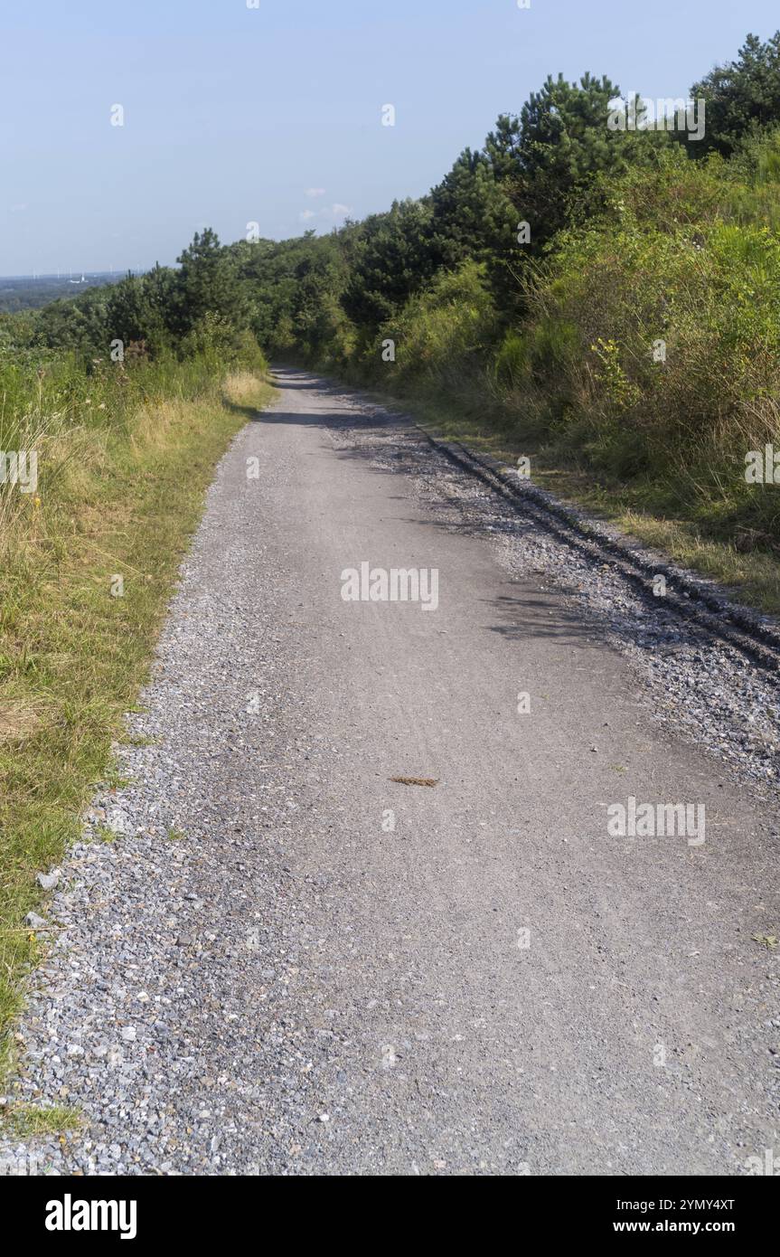 Breiter Schotterweg auf einem Hügel mit Fernsicht Stockfoto