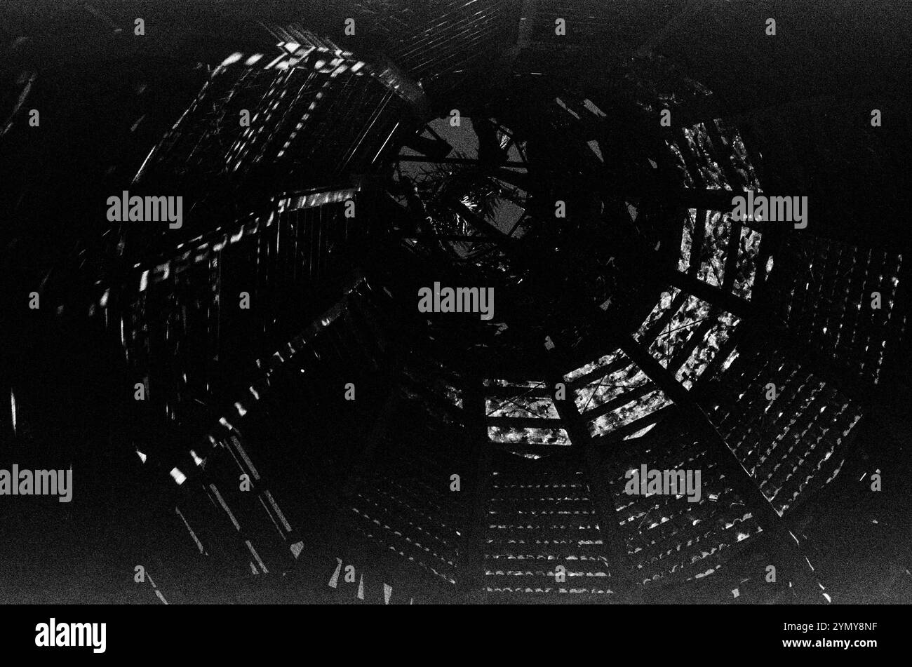 Ein Schwarzweißfoto eines Spinnennetzes mit Schlüsselwörtern zu Automobil-, Schriftart-, Gebäude-, Muster- und Schwarzweißfotografie Stockfoto