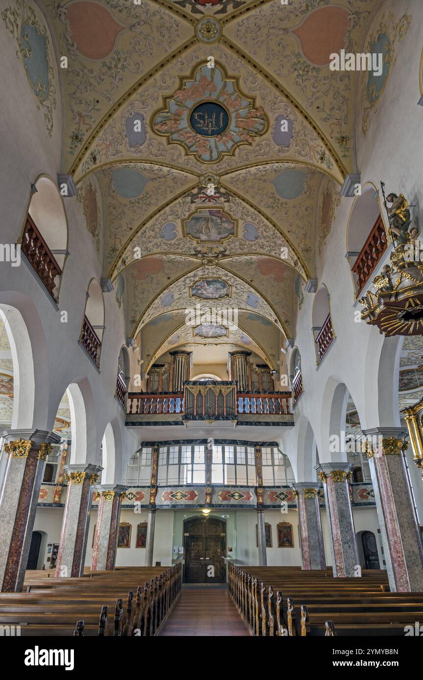 Kirchenschiff mit Orgelboden und Kanzel, ehemalige Stiftskirche St. Peter, römisch-katholische Pfarrkirche, Bad Waldsee, Oberschwaben, Baden-Württemberg Stockfoto