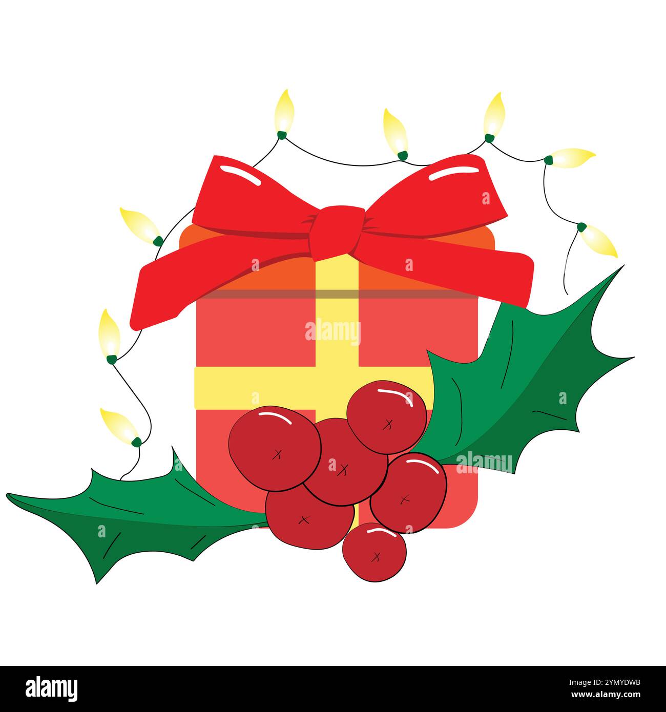 Niedliche Geschenkbox mit Stechpalmenblättern und elektrischen Lichtern; frohe Weihnachtskarte mit Kranz; Geschenkbox; Winterfeierdekoration für Grußkarten Stock Vektor