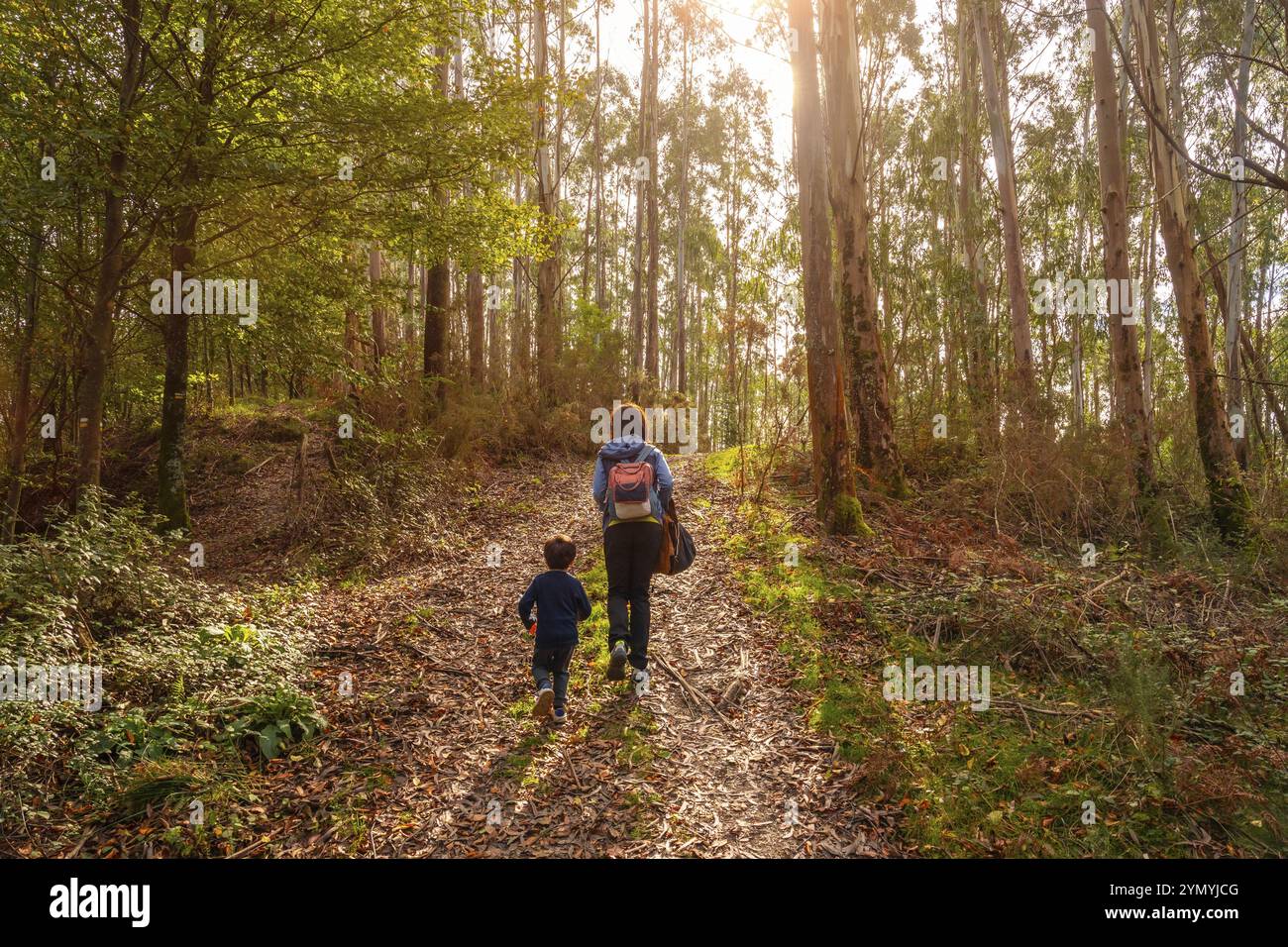 Mutter und Sohn im Wald auf dem Urdaburu-Bergweg in Errenteria, Gipuzkoa. Baskenland Stockfoto