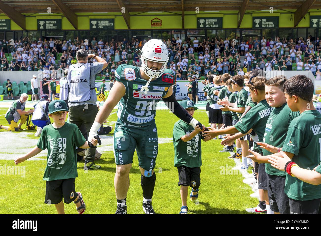 Deutsche Fußballliga, Spiel: Schwaebisch Hall Einhörner, Ravensburg Razorbacks im Optima Sportpark in Schwaebisch Hall Deutschland am 29. Juni. 2024 Stockfoto