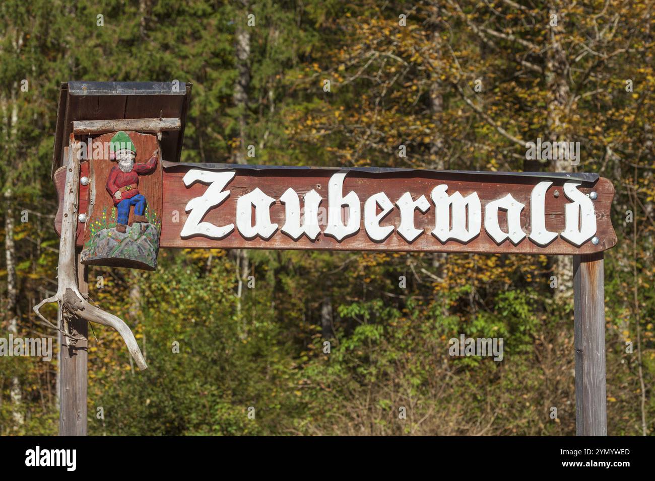 Wegweiser Zauberwald, Ramsau, Berchtesgaden, Berchtesgadener Land, Oberbayern, Bayern, Deutschland, Europa Stockfoto