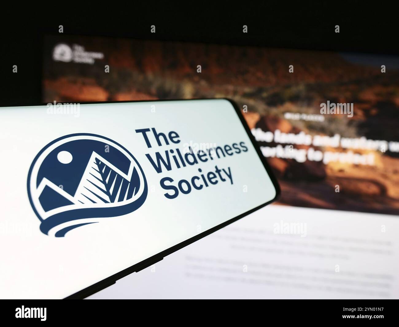 Stuttgart, 27.06.2024: Mobiltelefon mit Logo der US-amerikanischen Landschutzorganisation The Wilderness Society vor der Website. Konzentrieren Sie sich auf die Mitte Stockfoto