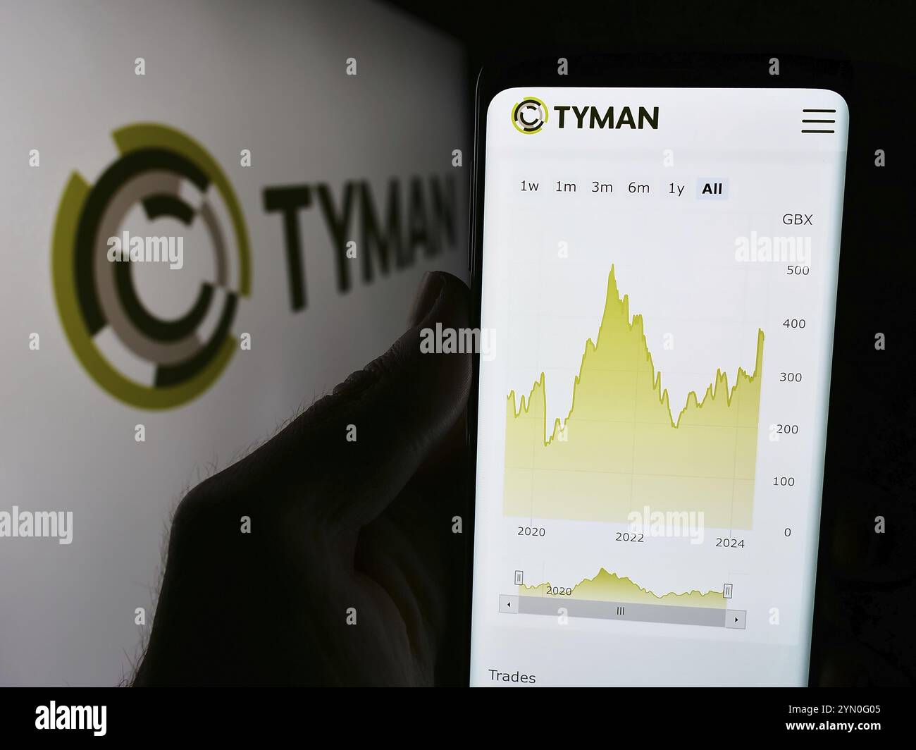 Stuttgart, Deutschland, 05-30-2024: Person, die ein Mobiltelefon hält, mit Webseite des britischen Bauprodukteunternehmens Tyman plc vor dem Logo. Konzentrieren Sie sich auf die Mitte Stockfoto