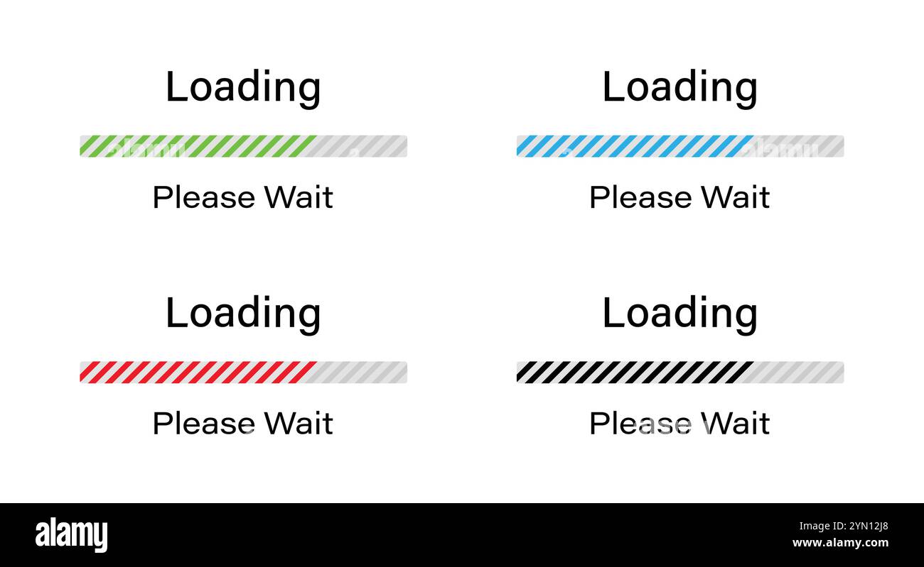 Balkenbeladung mit geneigten Linien Bitte warten Symbolsatz in vier verschiedenen Farben: Grün, Blau, Rot und Schwarz. 70 Prozent werden geladen. Bitte warten. Stock Vektor