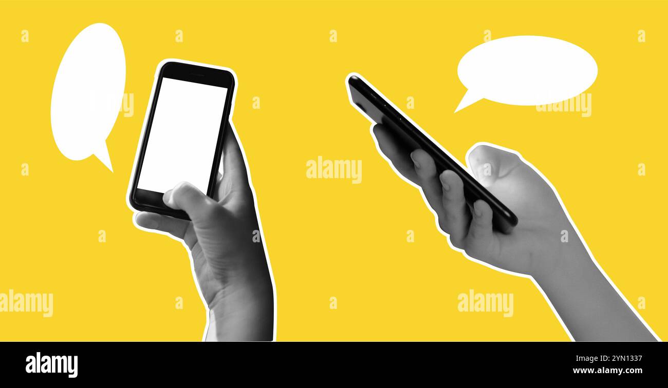 Collage-Banner wird gerendert. Mit der Hand das Handtelefon halten Stockfoto