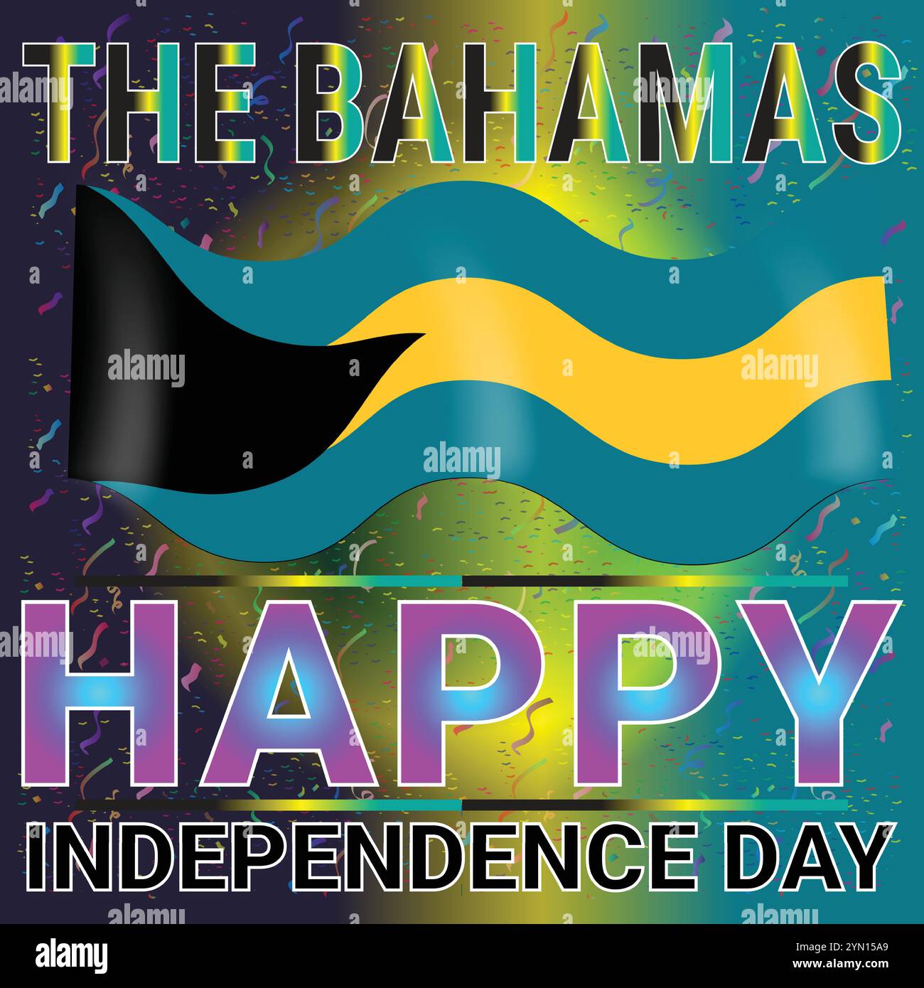 Der Bahamas Happy Independence Day mit sehr attraktivem farbenfrohen Thema und Konfetti Stock Vektor