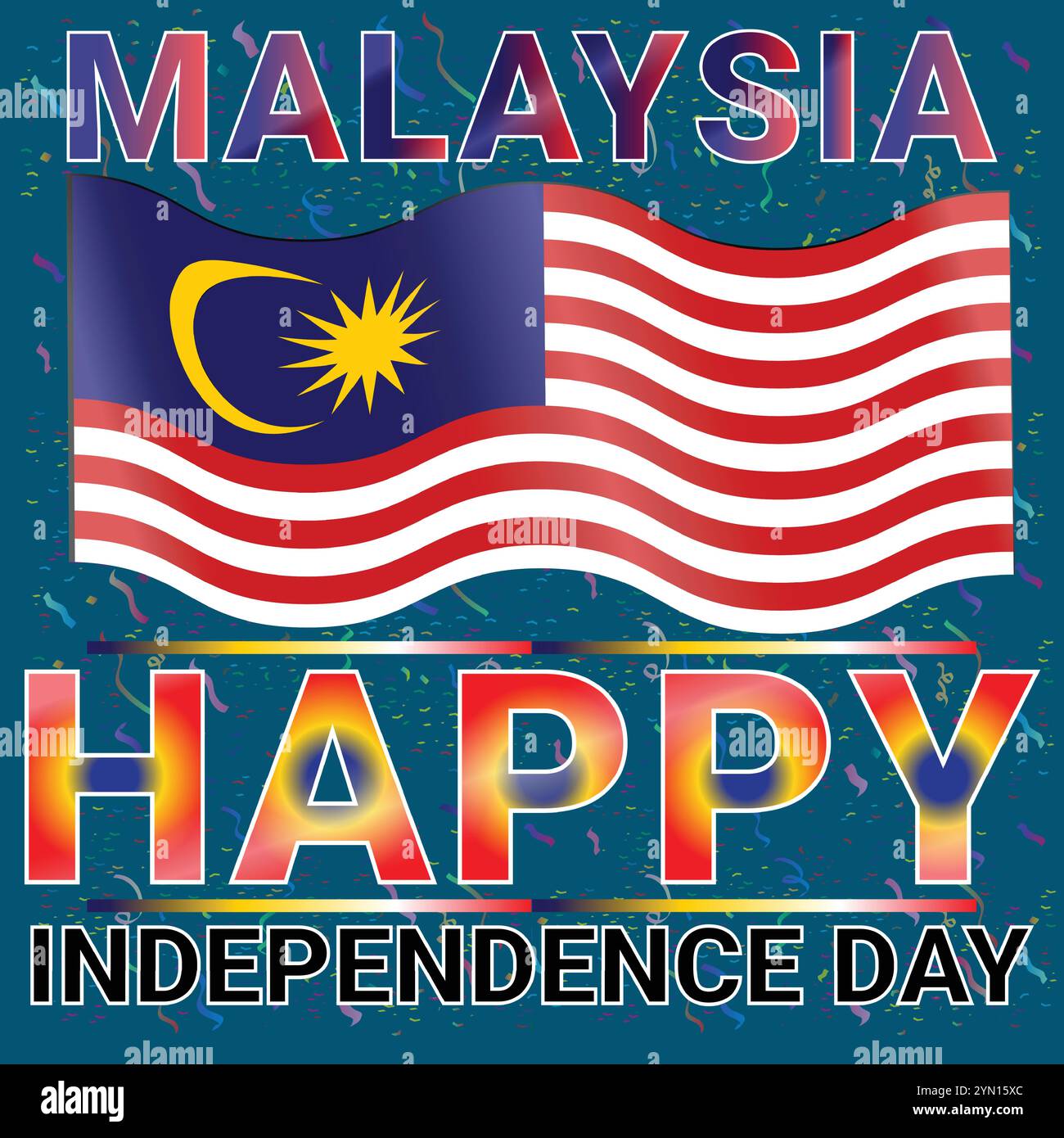 Malaysia Happy Independence Day August mit sehr attraktivem farbenfrohen Thema und Konfetti Stock Vektor